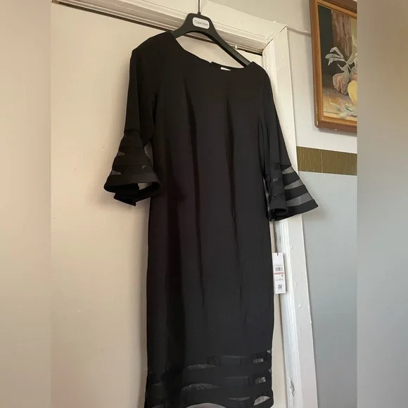 calvin klein black ruffle dress Calvin Klein Ruffle Sleeve Sheath Black Dress Size 12